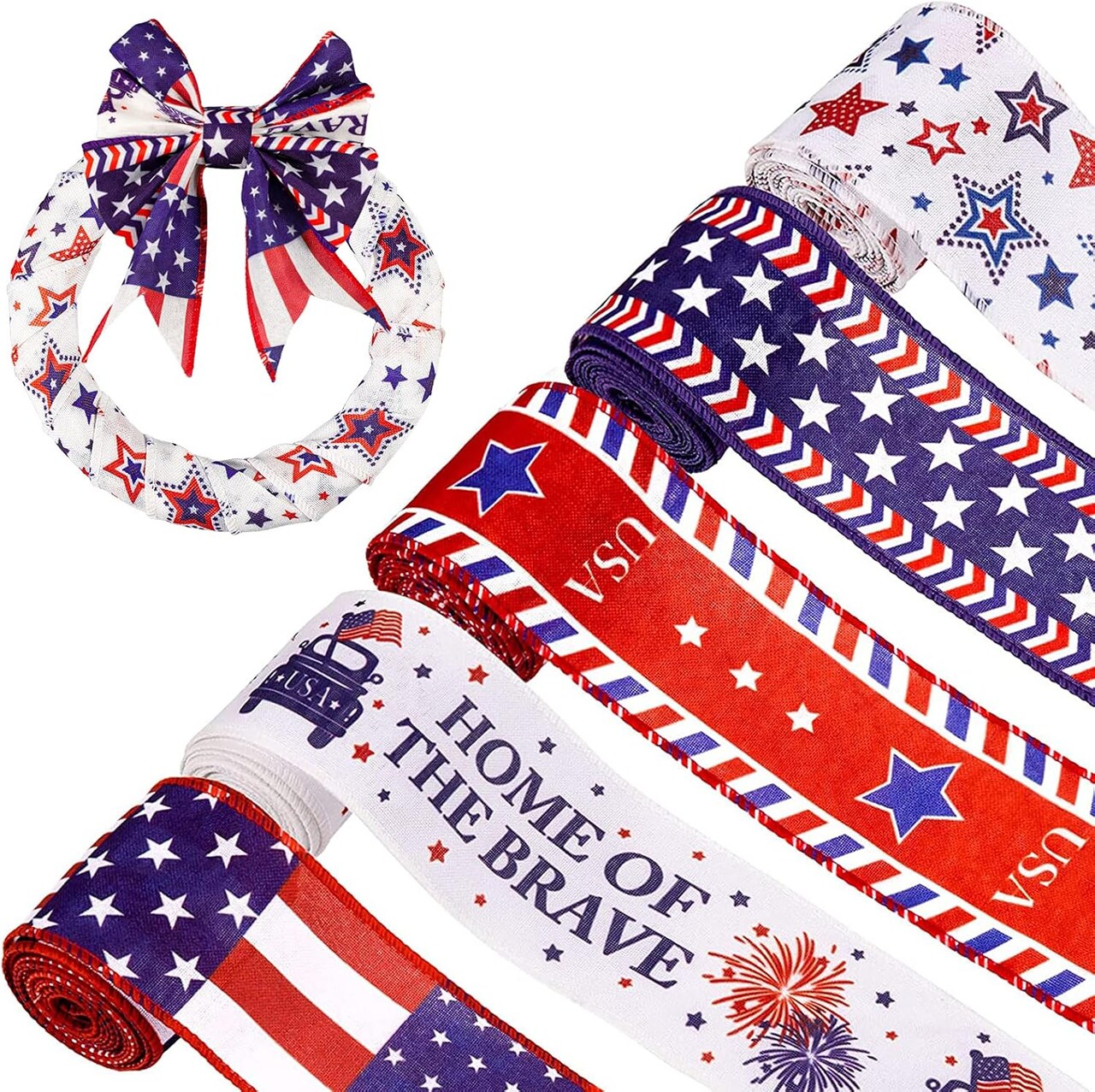 5 Rolls Patriotic Ribbon 4th of July Stars and Stripes Burlap Wired Edge Ribbon 25 Yards American Flag Decorative Ribbon
